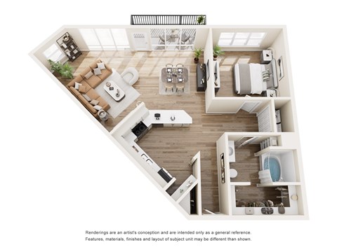 Floor plan for 1 bed, 1 bath, 1037 sqft